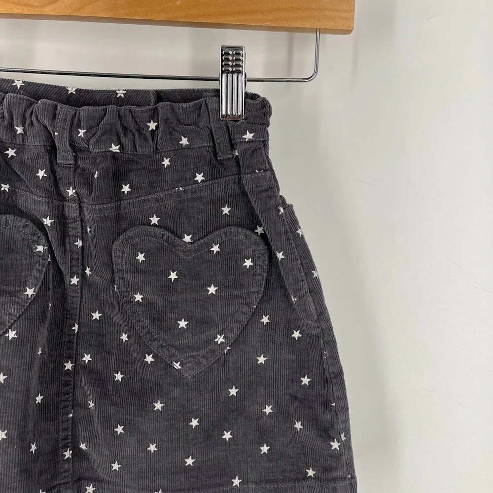 Mini Boden Girls Gray Corduroy Star Print Skirt Heart Pockets Size 7-8Y 32504